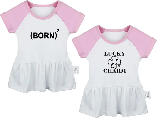 iDzn Pack of 2, Lucky Charm & Born Again 2 Funny Print Dresses, Newborn Infant Baby Girls Princess Dress, Cute Ruffle