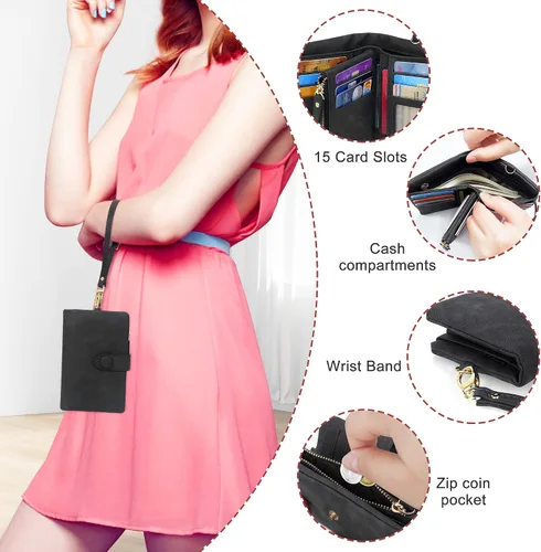 Miniatura 2 de Billeteras con bloqueo RFID para mujer, de gran capacidad, de cuero suave, cartera pequeña con correa para la muñeca, Negro -, Casual