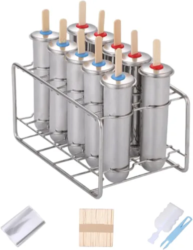 10 moldes de acero inoxidable para paletas y moldes para paletas de helado con 10 máquinas redondas de paletas de hielo + 100 palos de bambú Plata
