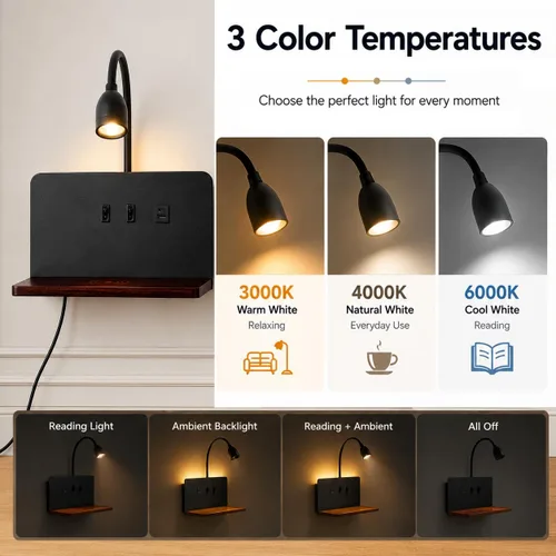 Miniatura 5 de Apliques de pared de mesita de noche con estación de carga inalámbrica y carga USB, lámpara de lectura LED con 3 temperaturas de color ajustables