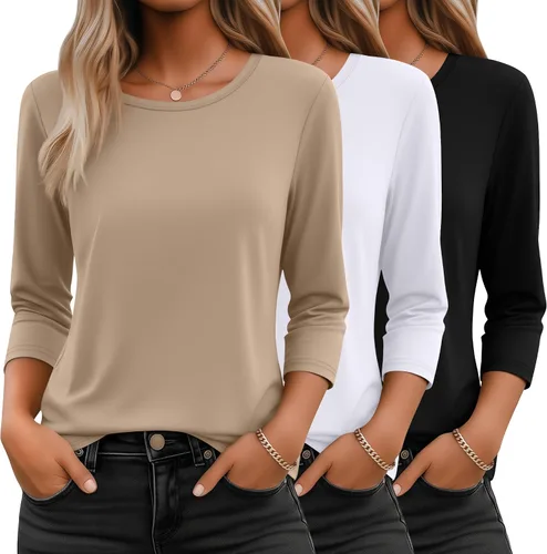 Miniatura 29 de Ficerd Paquete de 3 camisetas de manga 3/4 para mujer, cuello redondo, camisetas básicas elegantes, casuales, modernas, holgadas