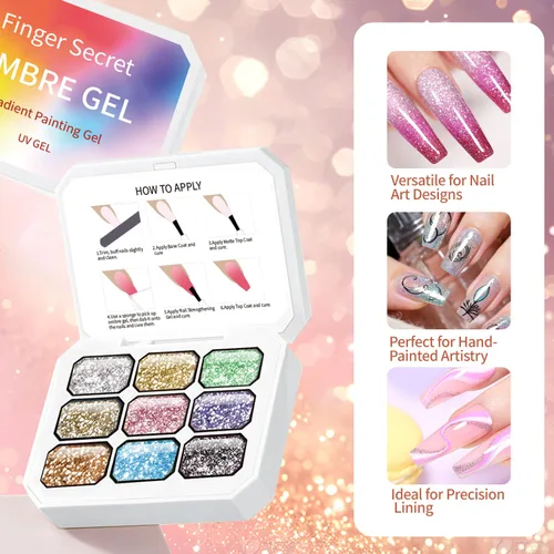 Miniatura 3 de Finger Secret - Juego de 9 colores de esmalte de uñas de gel Ombre Pat, paleta de esmaltes de gel con 20 esponjas de uñas para arte de uñas de gel