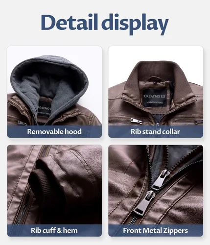 Miniatura 6 de CREATMO US Chaqueta de piel sintética para hombre, impermeable, resistente al viento, PU con capucha extraíble