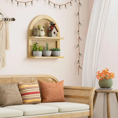 Miniatura 6 de Estante de pared de ratán bohemio de madera, estante flotante de mimbre arqueado de 2 niveles, estante bohemio de madera natural, estantes rústicos