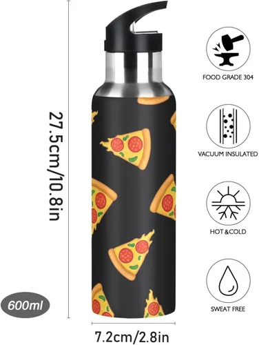 Miniatura 9 de Cartoon Slices Pizza Black Stainless Steel Vacuum Insulated Water Bottle 20 Oz, BPA-Free Sports Water Bottle Leakproof Water Bottles