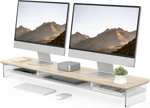 Fenge Soporte Elevador de Monitor de Acrílico, Soporte de Monitor Dual de 42.5 Pulgadas con Almacenamiento de Metal, Elevador de Computadora de Roble