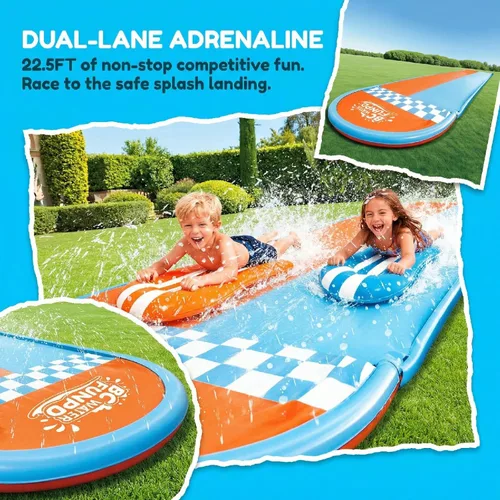 Miniatura 3 de Tobogán acuático inflable con 2 tablas de bodyboard, toboganes de agua de 22.5 pies para patio trasero de niños, sistema de rociadores multivías