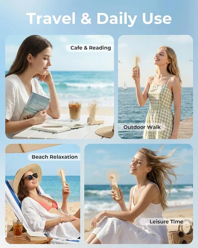 Miniatura 8 de FrSara Ventilador de mano portátil, pequeño ventilador personal recargable, artículos esenciales de viaje de verano con 3 velocidades, 2000 mAh