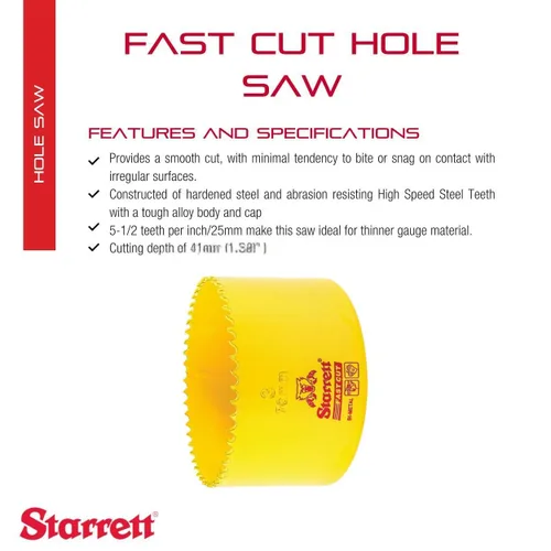 Miniatura 2 de Starrett FCH0100-G - Sierra de agujero recto de corte rápido bimetálica con dientes HSS resistentes a la abrasión, ideal para cortar metal, acero