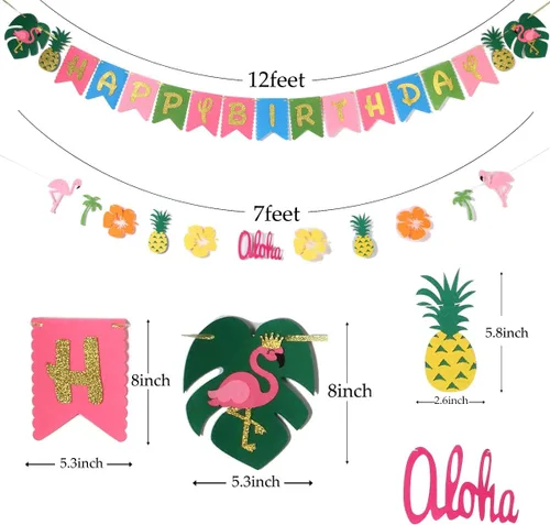 Miniatura 5 de Decoración de fiesta hawaiana Suministros de fiesta Luau Banner tropical hawaiano, guirnalda de flamencos para suministros de cumpleaños