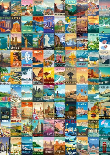 Rompecabezas para Adultos 1000 Piezas Viaje Vintage al Mundo, Rompecabezas de Poster de Paisajes Puntuales del Mundo, Rompecabezas de 1000 Piezas