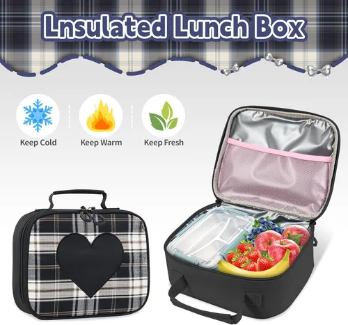 Miniatura 5 de Linda mochila para niñas, paquete de 5 mochila kawaii estética con juego de lonchera, bonita mochila escolar negra para niños y adolescentes