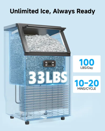 Miniatura 2 de Feelfunn Máquina comercial para hacer hielo - 100 libras/24 horas, capacidad de almacenamiento de 33 libras, máquina de hielo de acero inoxidable