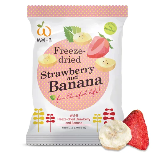 Wel-B Bocadillos de frutas liofilizadas, fresas frescas y plátanos liofilizados para obtener una textura saludable y crujiente mientras conservan el