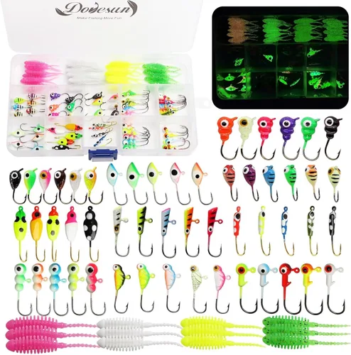 Dovesun Ice Fishing Jigs Kit Ice Fishing Lures Glow in The Dark Fishing Gear Lures 20-93Pcs Jig Head with Tackle Box for Panfish Walleye Crappie 93
