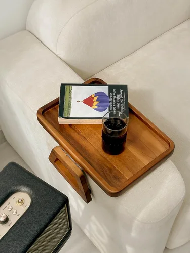 Miniatura 8 de Tinamo Mesa de brazo de acacia de 13.75 x 9.5 pulgadas, bandeja de brazo de sofá de madera, mesa de reposabrazos para sofá, bandeja de reposabrazos