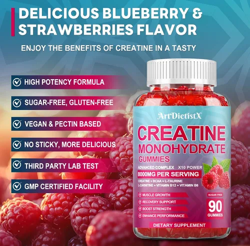 Miniatura 3 de Gomitas de monohidrato de creatina de 8000 mg con BCAA, L-carnitina, taurina y vitamina B12, suplemento preentrenamiento para crecimiento muscular