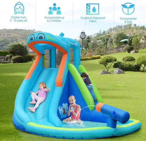 Miniatura 3 de HONEY JOY Tobogán acuático inflable, tema hipopótamo, parque acuático, casa de rebote para patio trasero, pared de escalada y tobogán, toboganes
