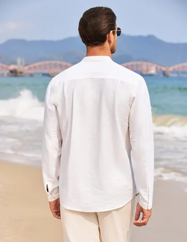 Miniatura 3 de COOFANDY Camiseta de lino Henley de manga larga para hombre, estilo hippie, de algodón, playeras