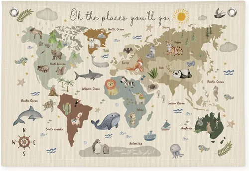 Miniatura 14 de Wheatwin Decoración de sala de juegos, pancarta de mapa del mundo para niños, mapas del mundo para pared, mapa del mundo, lindo tapiz de animales