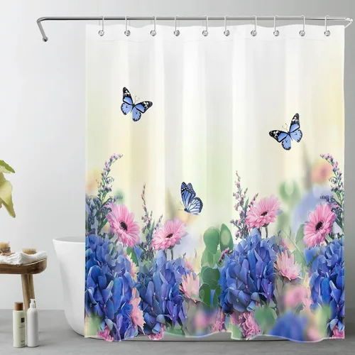Miniatura 22 de LB Juego de cortinas de ducha de mariposa y flores con alfombras, margaritas y morado lavanda, hojas de eucalipto, cortina de ducha verde
