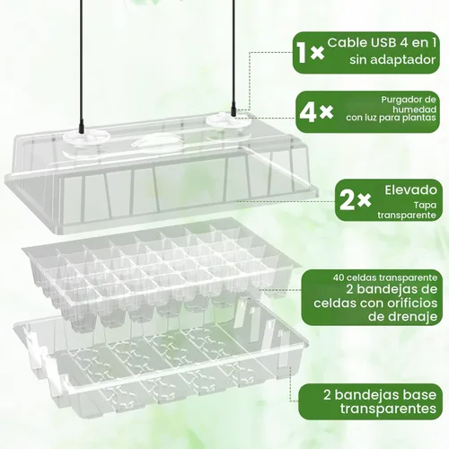 Miniatura 2 de Bonviee Paquete de 2 bandejas de inicio de semillas con luz para plantas, kits de bandejas de inicio de plántulas elevadas con cúpulas de humedad