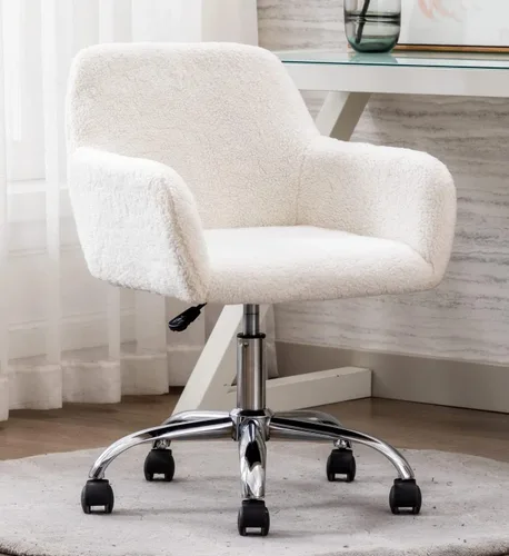 Miniatura 9 de Silla de tocador negra mullida, bonitas sillas de escritorio de piel sintética con patas de metal dorado ajustables en altura ajustable, silla Patas
