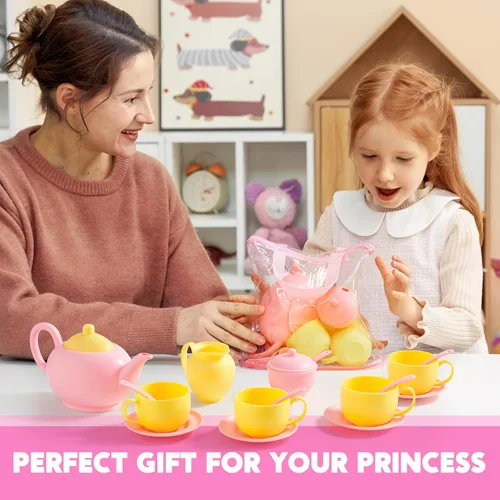 Miniatura 9 de JOYIN Juego de 18 piezas de fiesta de té de simulación, juego de té de plástico rosa, mini cocina para niños, regalos para niños pequeños, regalo