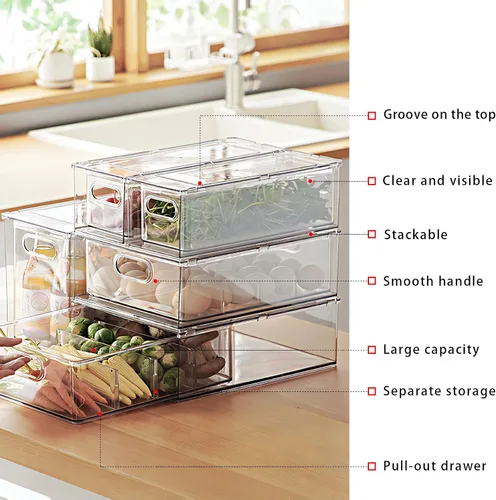 Miniatura 3 de Mano Paquete de 3 contenedores apilables extraíbles para nevera con asa, organizador transparente para almacenamiento de alimentos, caja