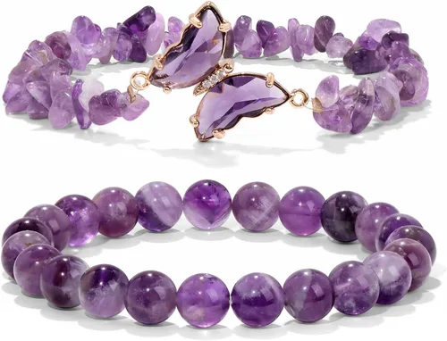 GolbalJew Pulsera de Amatista para Mujeres Ansiedad Pulseras de Cuentas de Amatista Dijes de Mariposa Piedra Curativa Pulsera en Capas Regalos para
