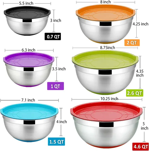 Miniatura 3 de P&P CHEF Tazones para mezclar con tapas, juego de 6, cuencos de mezcla anidables de acero inoxidable y tapas de montaje y parte inferior de silicona
