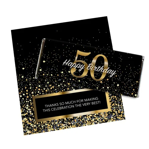 Envolturas personalizadas para fiestas de cumpleaños de 50 años de 24 quilates para barras de chocolate (24 unidades) - Caramelo no incluido