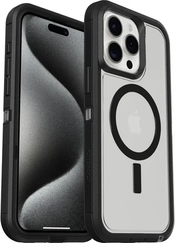 OtterBox Funda transparente para iPhone 15 Pro MAX (solamente) Defender Series XT, lado oscuro (negro/transparente), sin pantalla, resistente, se