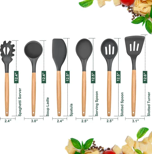 Miniatura 2 de E-far Juego de 6 utensilios de cocina de silicona con mango de madera, utensilios de cocina antiadherentes y resistentes al calor, incluye Gris
