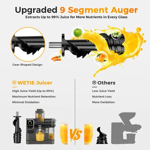 Miniatura 4 de WETIE Exprimidor de prensa en frío, máquinas de licuación lenta con pantalla táctil, presión de jugo ajustable, 99% de rendimiento de jugo