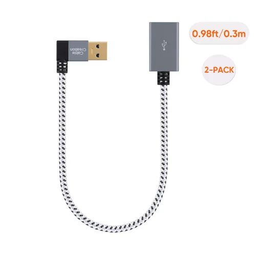 Miniatura 5 de CableCreation Paquete de 2 cables de extensión USB 3.0 cortos en ángulo recto, cable extensor macho a hembra de 1 pie para unidades flash, teclado
