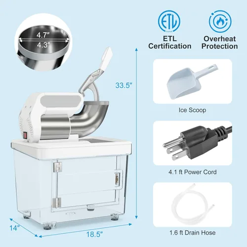 Miniatura 2 de COSTWAY Trituradora de hielo eléctrica, máquina de cono de nieve de 660 libras/h con cuchillas dobles, máquina de hielo afeitado aprobada por ETL