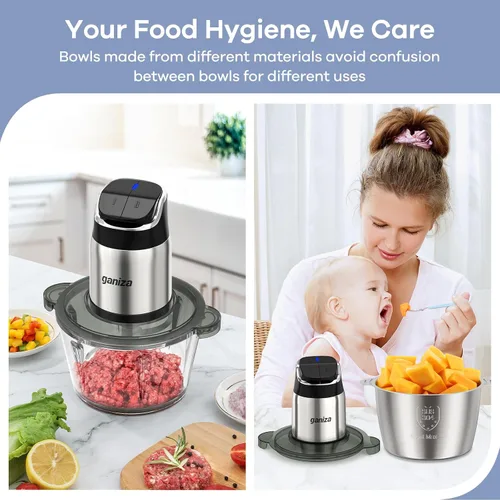 Miniatura 13 de Ganiza Procesador de alimentos, picadora de alimentos y moledora de carne de 2 velocidades con tazones de 8 tazas de acero inoxidable y 8 tazas