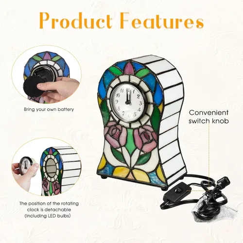 Miniatura 4 de Lámpara estilo Tiffany con estampado de rosas Pequeña lámpara de vitral, lámpara de reloj creativo, decoración para sala de estar, salón, comedor