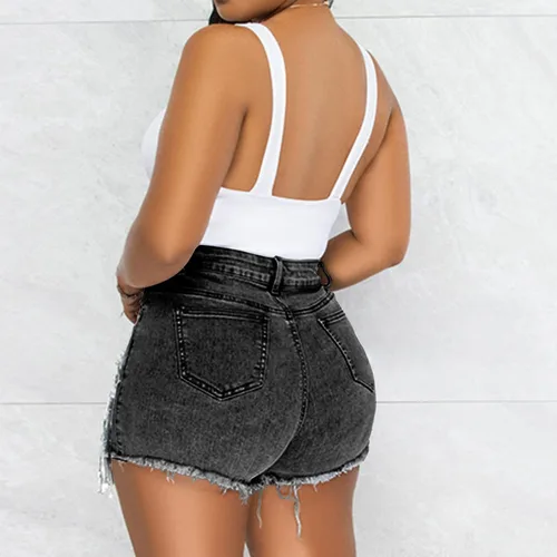 Miniatura 2 de LifeShe Pantalones cortos de mezclilla para mujer con cuentas de perlas de diamantes de imitación