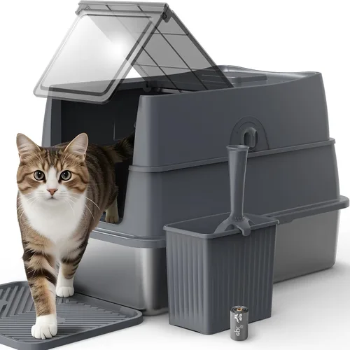 Miniatura 9 de Caja de arena de acero inoxidable con tapa Caja de arena cerrada extragrande para gatos grandes Cajas de arena de metal de alta cara 100%