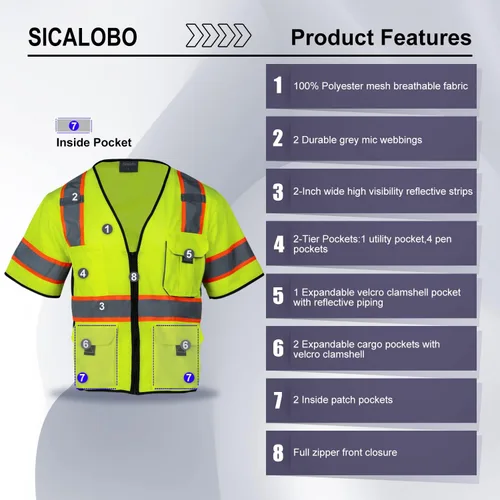 Miniatura 5 de Chaleco de malla de seguridad de alta visibilidad para hombre con 10 bolsillos, chaleco reflectante Hi Vis, clase 3, ropa de trabajo con cremallera