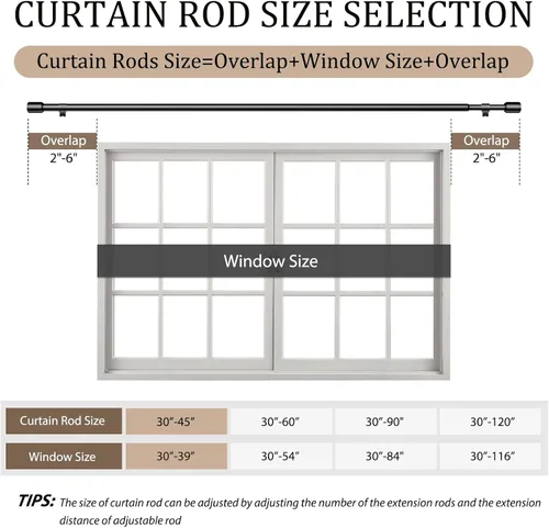 Miniatura 2 de Barras de cortina de 1 pulgada de diámetro de 30 a 45 pulgadas, para ventanas de 30 a 39 pulgadas, varillas negras de madera entretejidas ajustables