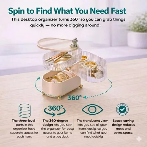 Miniatura 4 de Organizador de escritorio, organizadores de joyas y almacenamiento con diseño giratorio de 360°, compartimentos extraíbles, organizador