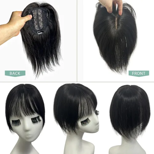Miniatura 3 de Anemone Peluca de cabello humano con clip para mujer, con flecos de aire 3D, base de poliuretano invisible para cabello fino y cuero cabelludo Negro
