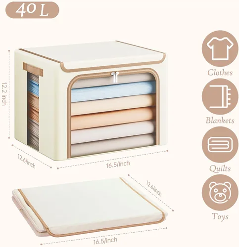 Miniatura 2 de Yecaye Cajas de Almacenamiento de Ropa con Marco de Metal, Caja de Almacenamiento de Ropa Plegable con Tapa, Caja Organizadora Apilable de Tela
