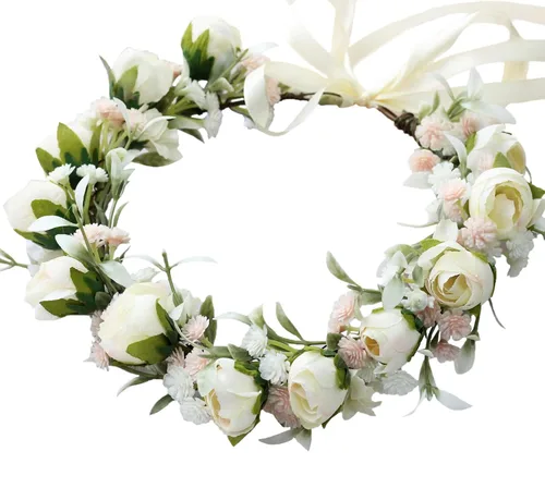 Miniatura 30 de Corona de flores de rosas para novia, diadema floral para el cabello, diadema de flores, halo bohemio con cinta, boda, fiesta, festival, fotos