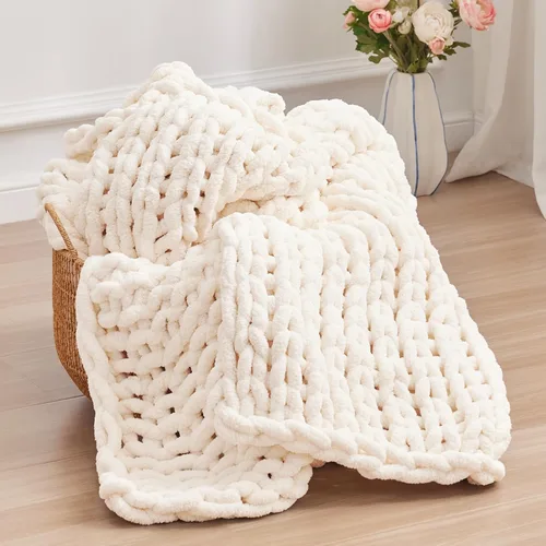 Negwoo Manta de punto grueso, 50 x 60 pulgadas, de hilo de chenilla para cama, sofá, hecha a mano, manta grande y gruesa de ganchillo crema, lavable