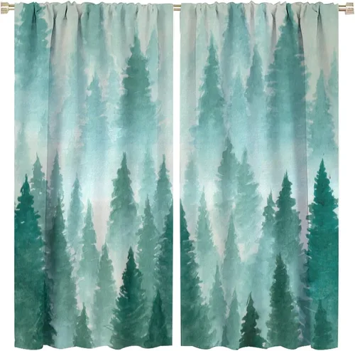 Miniatura 9 de BAEKJIN Cortinas verdes de bosque brumoso, acuarela, naturaleza, paisaje, plantas, árbol, bolsillo para barra, opacas, tratamiento de ventana
