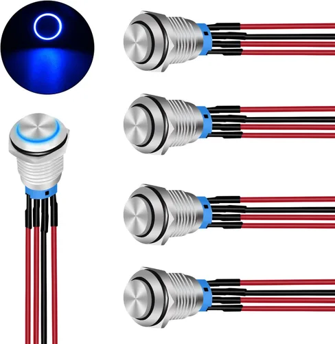 Nilight Interruptor de botón de 0.472 in, 5 unidades con arnés precableado de acero inoxidable de 12 V 24 V, bloqueo automático, interruptores 5